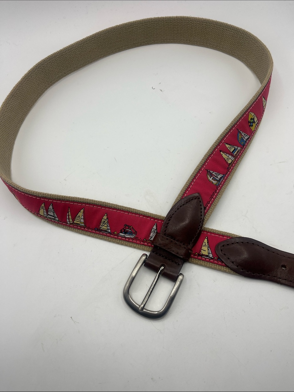 Men's Canvas Belt with Red Sailboat Ribbon and Brown Leather Trim